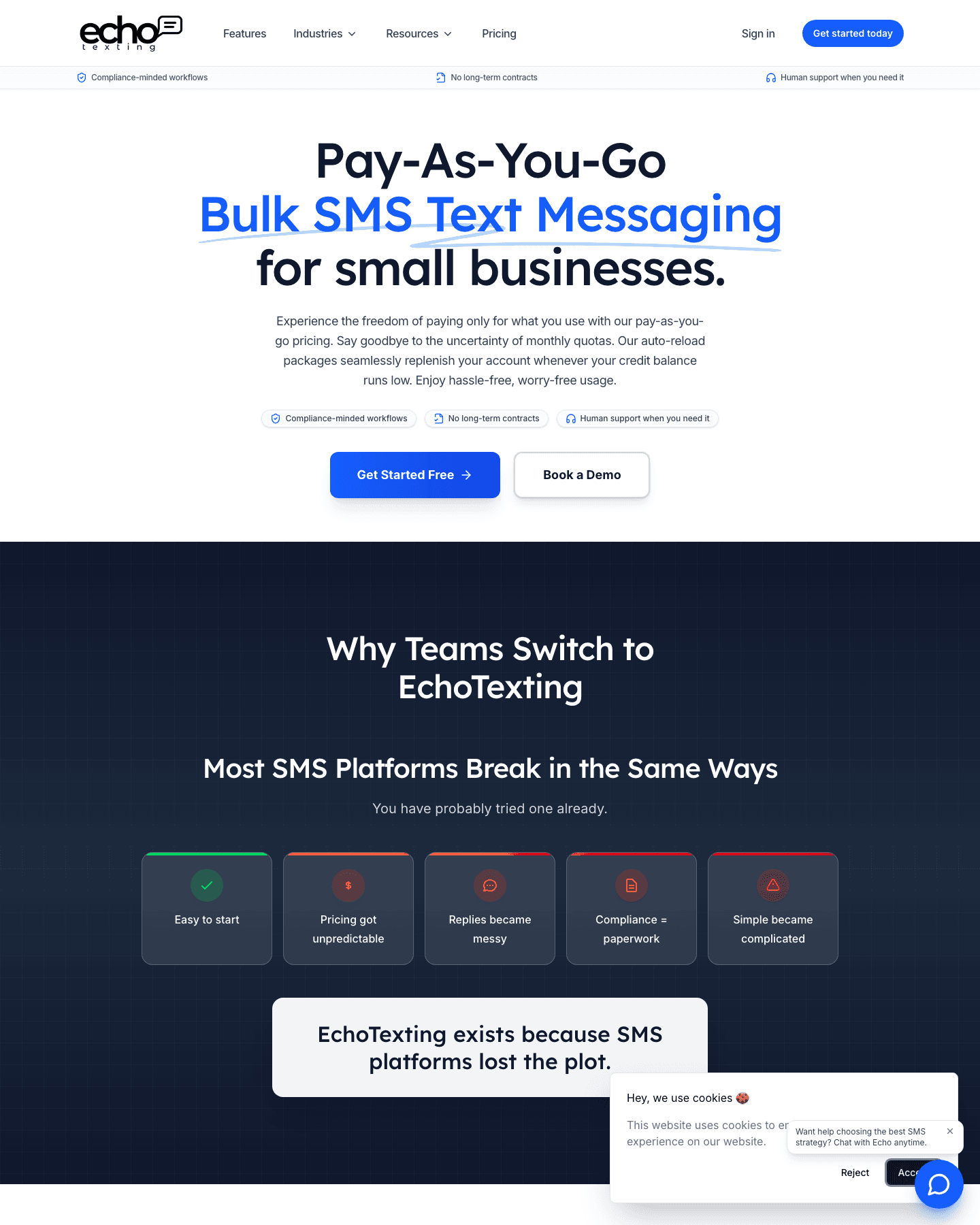 EchoTexting homepage — pay-as-you-go bulk SMS for small businesses