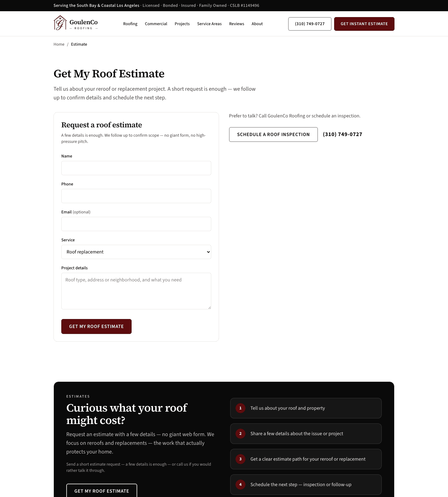 GoulenCo Roofing estimate request page
