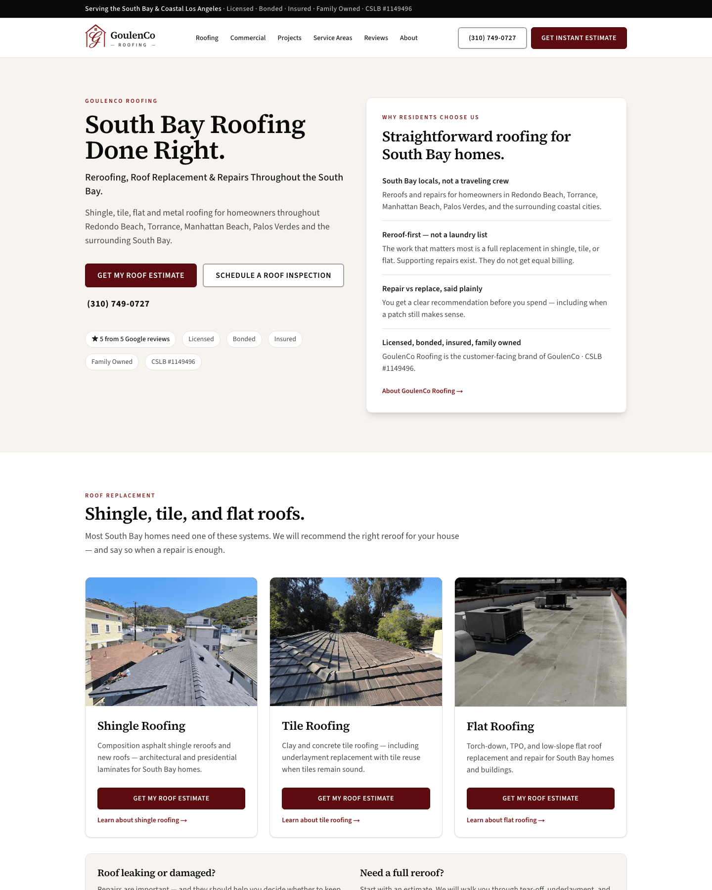 GoulenCo Roofing homepage — South Bay roofing done right