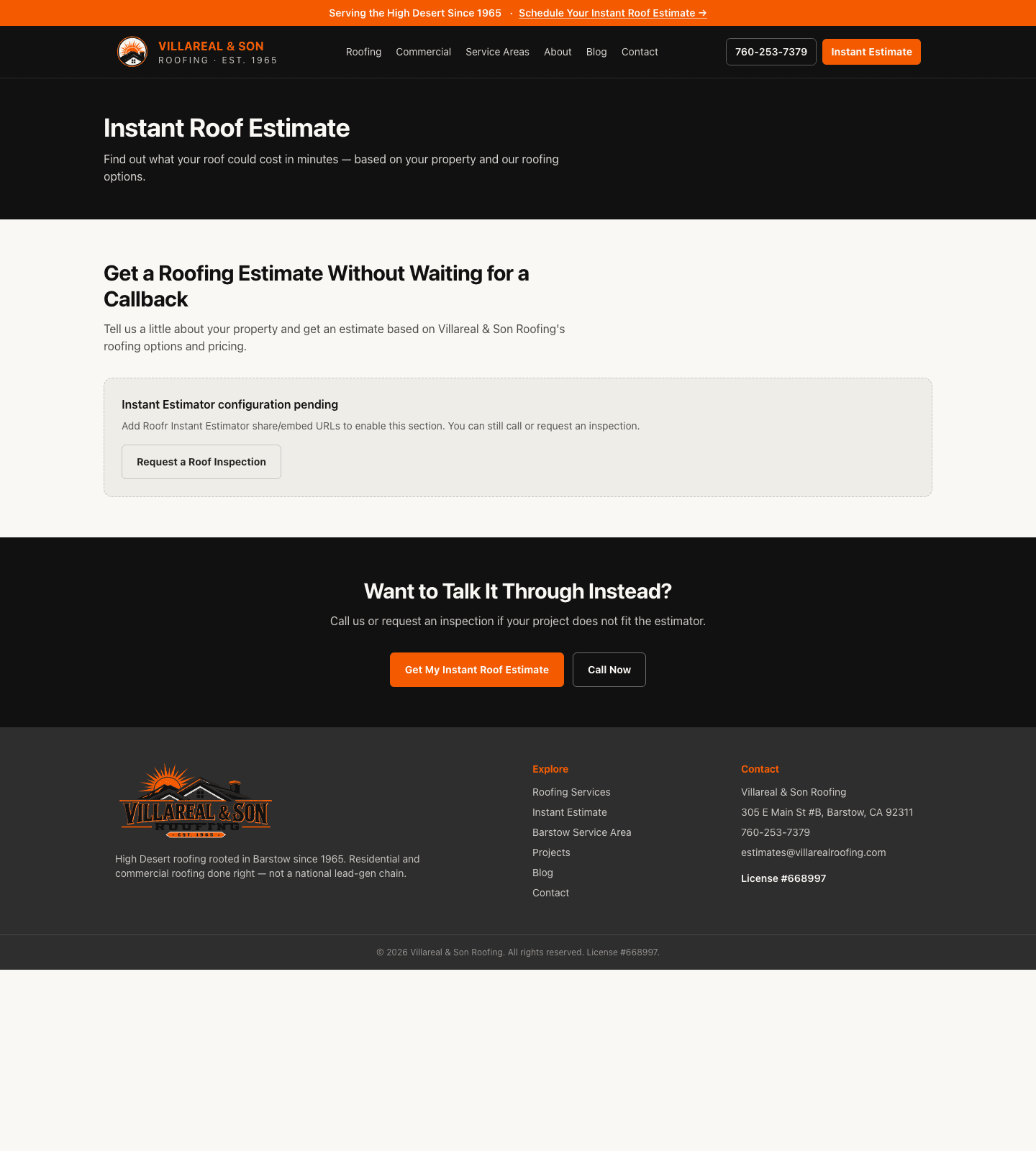 Villareal & Son Roofing instant estimate page