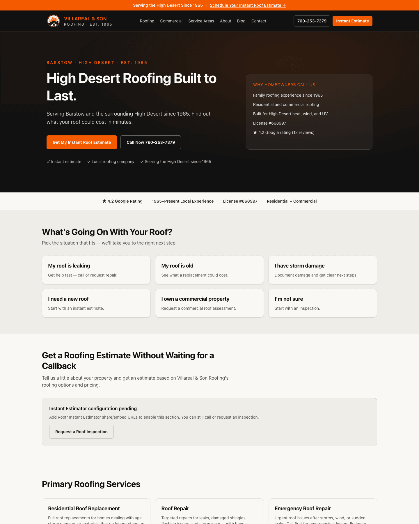 Villareal & Son Roofing homepage — High Desert roofing since 1965